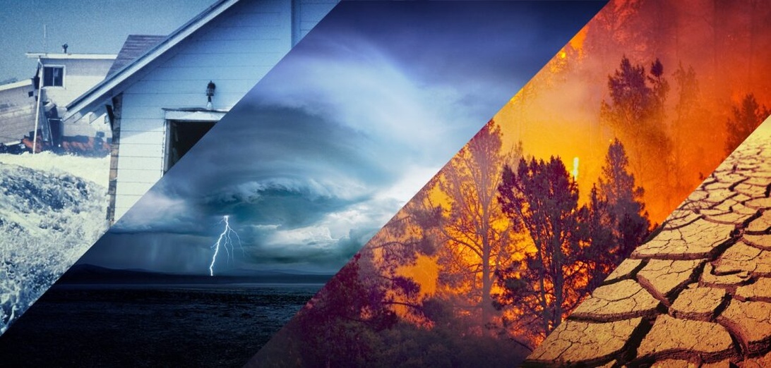 Sammansatt bild som visar klimatförändringseffekter: översvämning, storm, skogsbrand, torka.