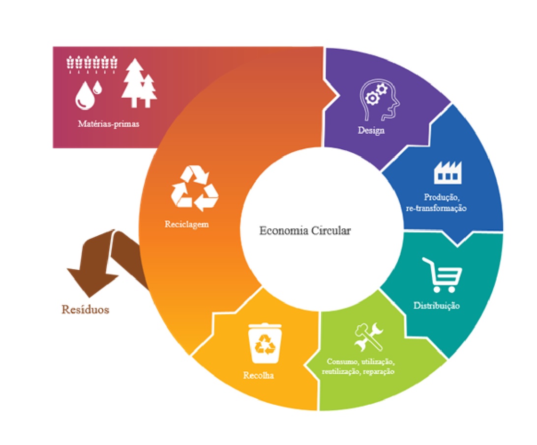 En färgglad cirkulär infografik som visar hela cykeln för cirkulär ekonomi på portugisiska. I mitten står 'Economia Circular' med segment som representerar olika stadier: råmaterial, design, produktion, distribution, konsumtion/återanvändning, insamling, återvinning och avfallshantering – allt illustrerat med relevanta ikoner.