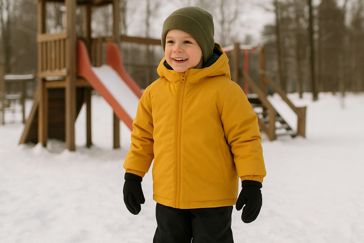 Barn leker i snö i miljövänliga vinterjackor vid en lekplats.