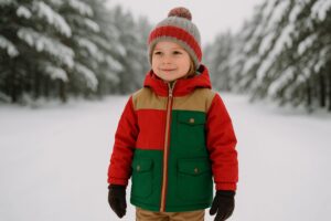 Litet barn ler i varm, blå vinterjacka med pälskrage, i snöig miljö.