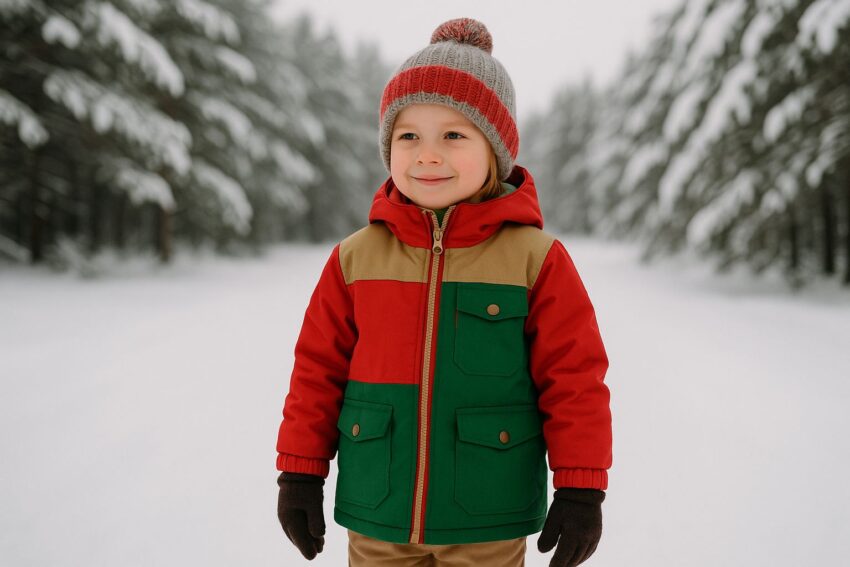 Litet barn ler i varm, blå vinterjacka med pälskrage, i snöig miljö.