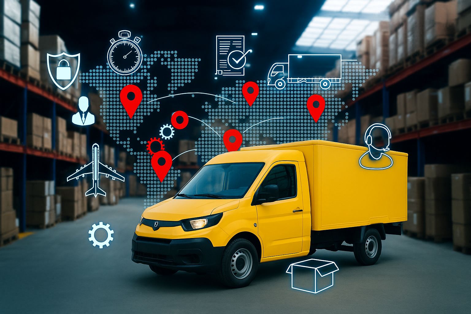 Företagare framför en skärm med fraktalternativ för småföretag.