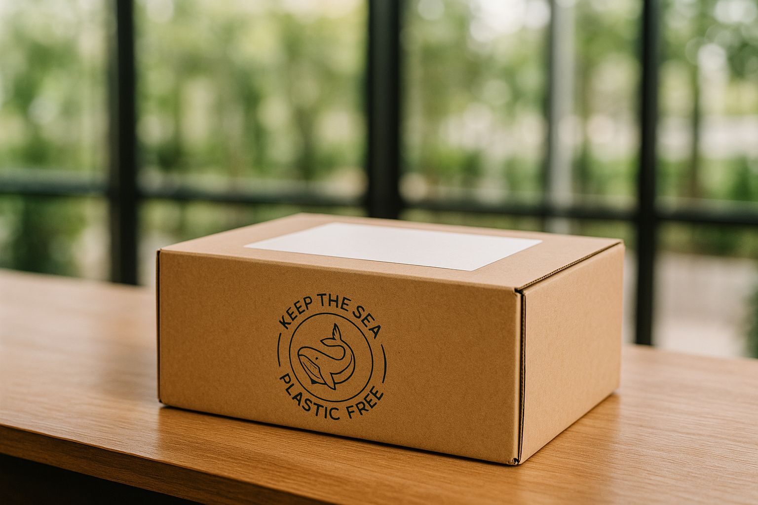 Händer lägger en etikett på en kartonglåda med växt i, symboliserande hållbar frakt.